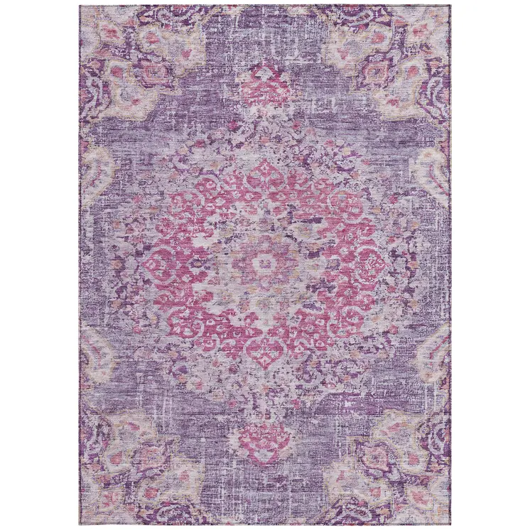 9' X 12' Purple Floral Medallion Washable Indoor Outdoor Area Rug