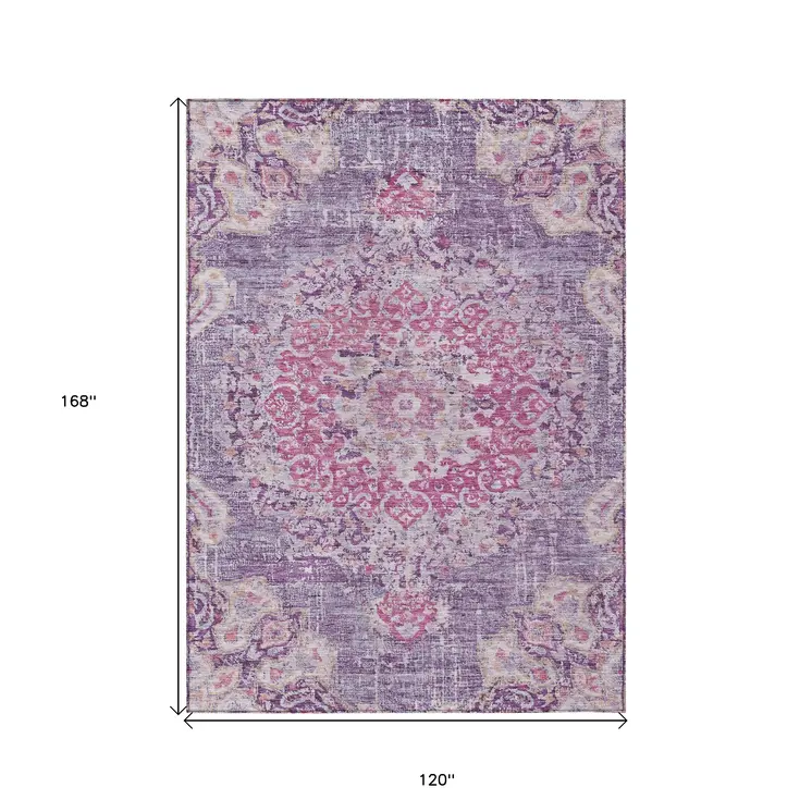 10' X 14' Purple Floral Medallion Washable Indoor Outdoor Area Rug