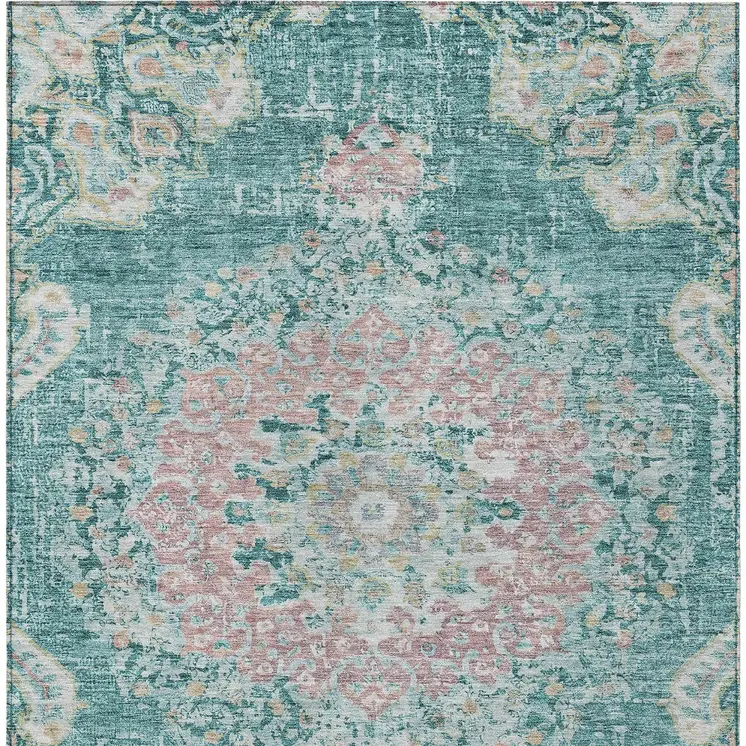 3' X 5' Teal Blue Floral Medallion Washable Indoor Outdoor Area Rug