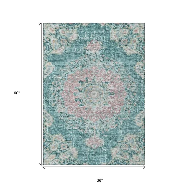 3' X 5' Teal Blue Floral Medallion Washable Indoor Outdoor Area Rug