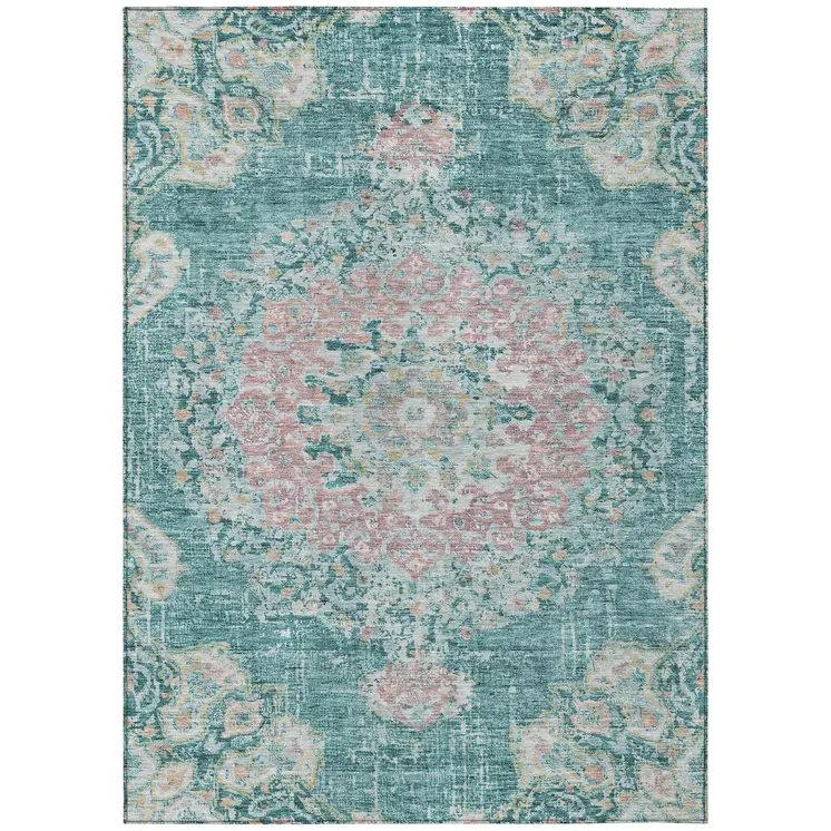 3' X 5' Teal Blue Floral Medallion Washable Indoor Outdoor Area Rug