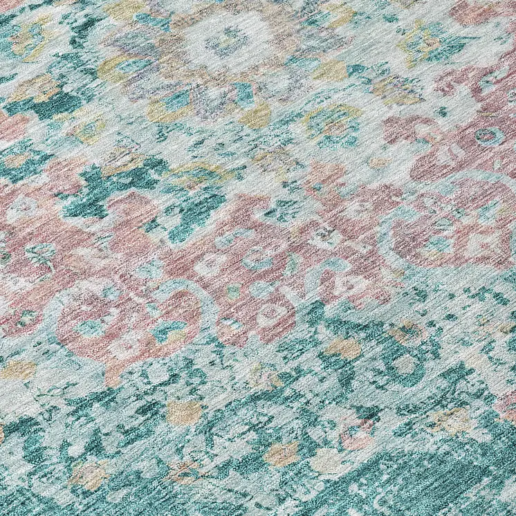 3' X 5' Teal Blue Floral Medallion Washable Indoor Outdoor Area Rug