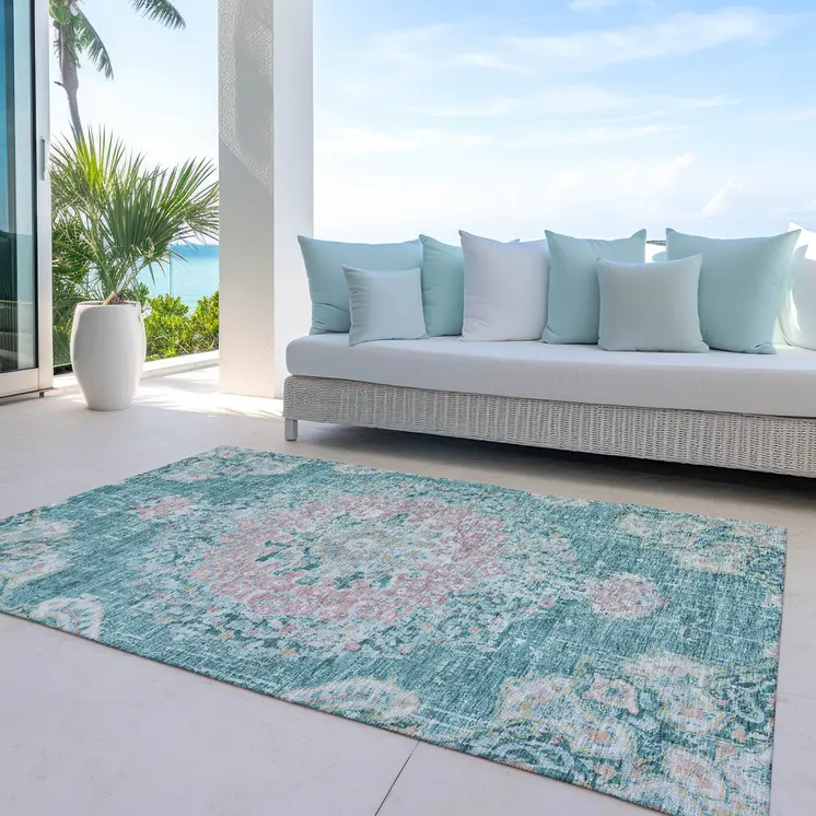5' X 8' Teal Blue Floral Medallion Washable Indoor Outdoor Area Rug