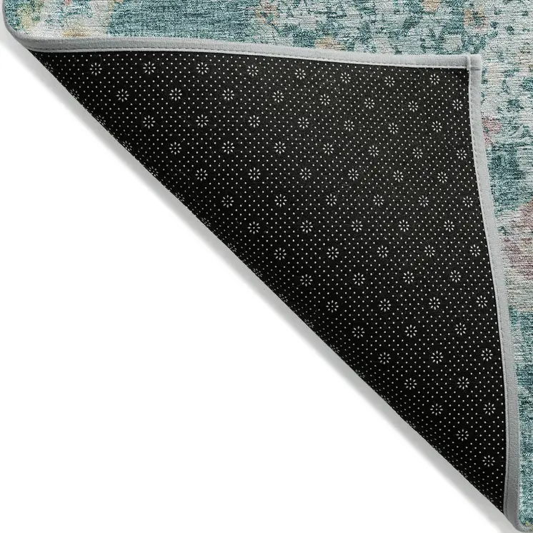 5' X 8' Teal Blue Floral Medallion Washable Indoor Outdoor Area Rug