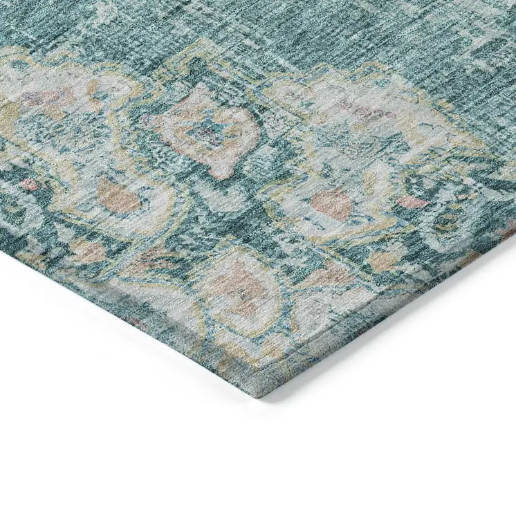 5' X 8' Teal Blue Floral Medallion Washable Indoor Outdoor Area Rug