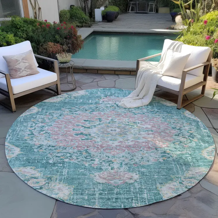 8' Teal Blue Round Floral Medallion Washable Indoor Outdoor Area Rug