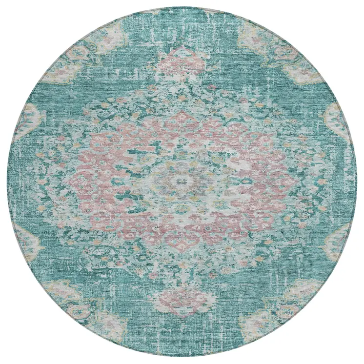 8' Teal Blue Round Floral Medallion Washable Indoor Outdoor Area Rug