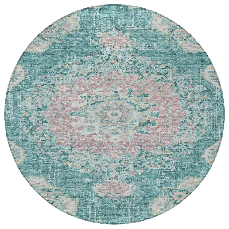 8' Teal Blue Round Floral Medallion Washable Indoor Outdoor Area Rug