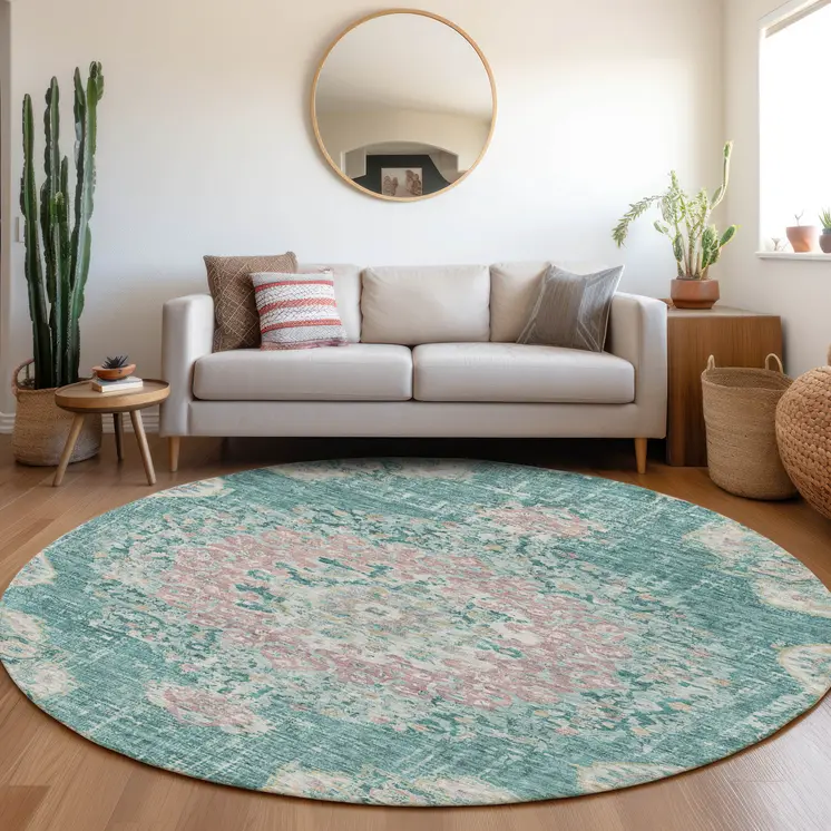 8' Teal Blue Round Floral Medallion Washable Indoor Outdoor Area Rug