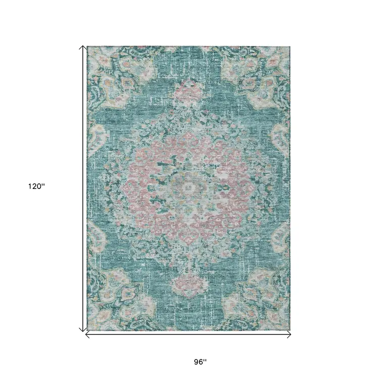 8' X 10' Teal Blue Floral Medallion Washable Indoor Outdoor Area Rug