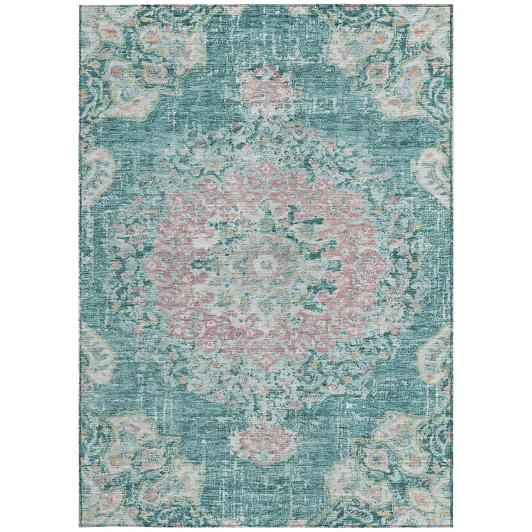 8' X 10' Teal Blue Floral Medallion Washable Indoor Outdoor Area Rug