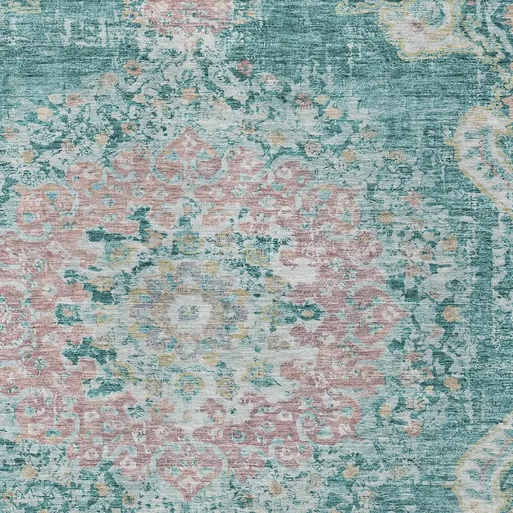 9' X 12' Teal Blue Floral Medallion Washable Indoor Outdoor Area Rug