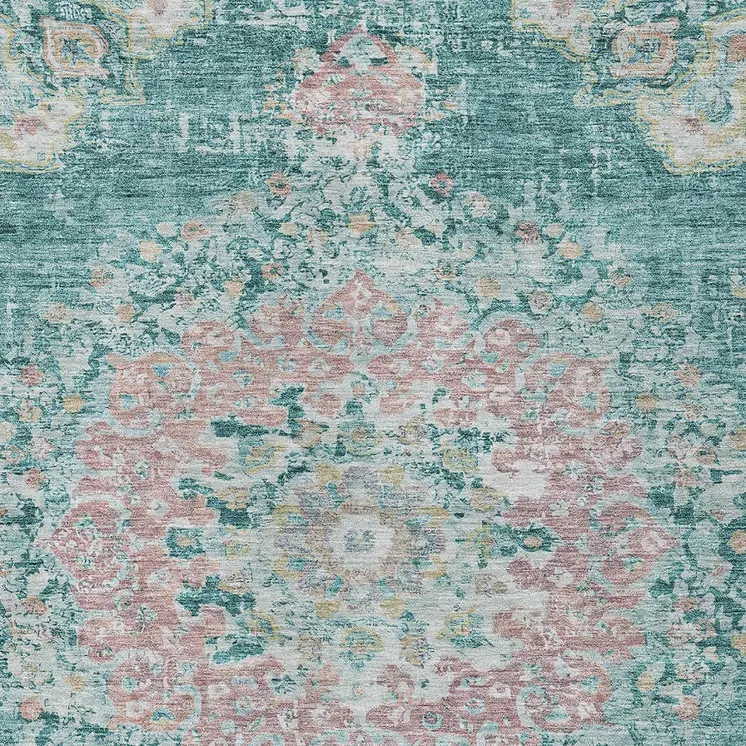 10' X 14' Teal Blue Floral Medallion Washable Indoor Outdoor Area Rug