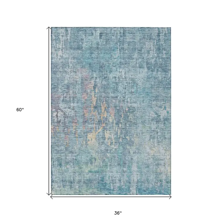 3' X 5' Blue Abstract Washable Indoor Outdoor Area Rug