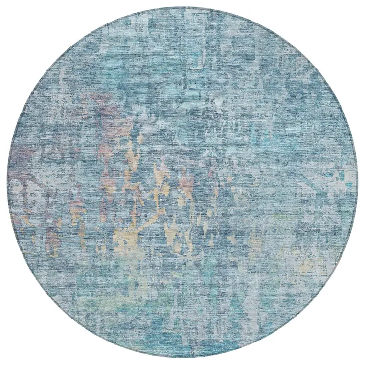 8' Blue Round Abstract Washable Indoor Outdoor Area Rug