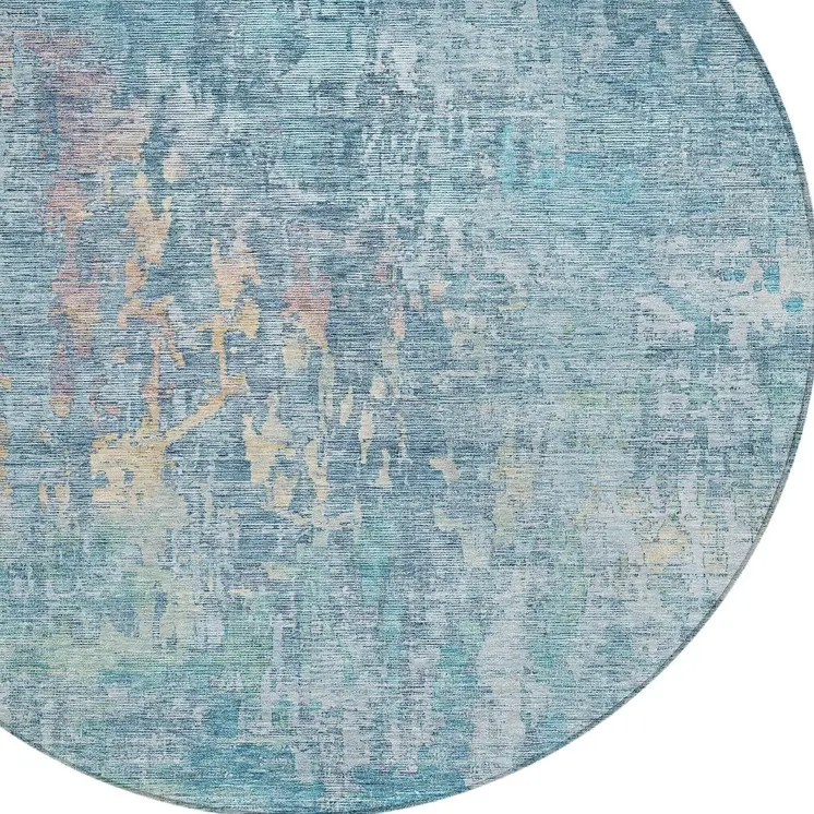 8' Blue Round Abstract Washable Indoor Outdoor Area Rug