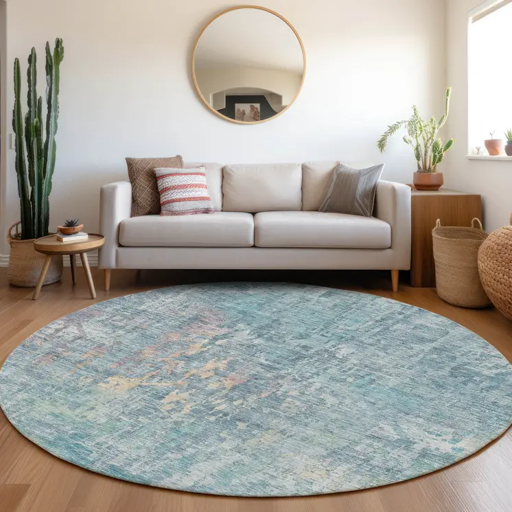 8' Blue Round Abstract Washable Indoor Outdoor Area Rug