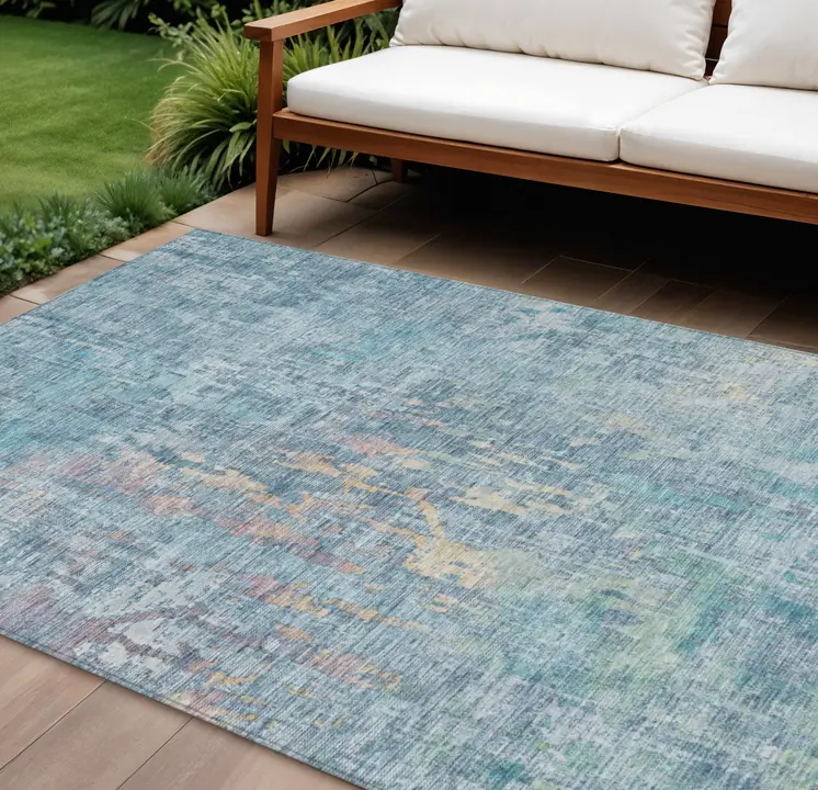 10' X 14' Blue Abstract Washable Indoor Outdoor Area Rug
