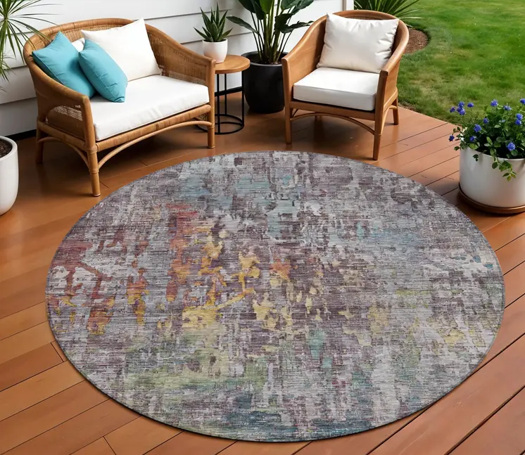 8' Pewter Round Abstract Washable Indoor Outdoor Area Rug