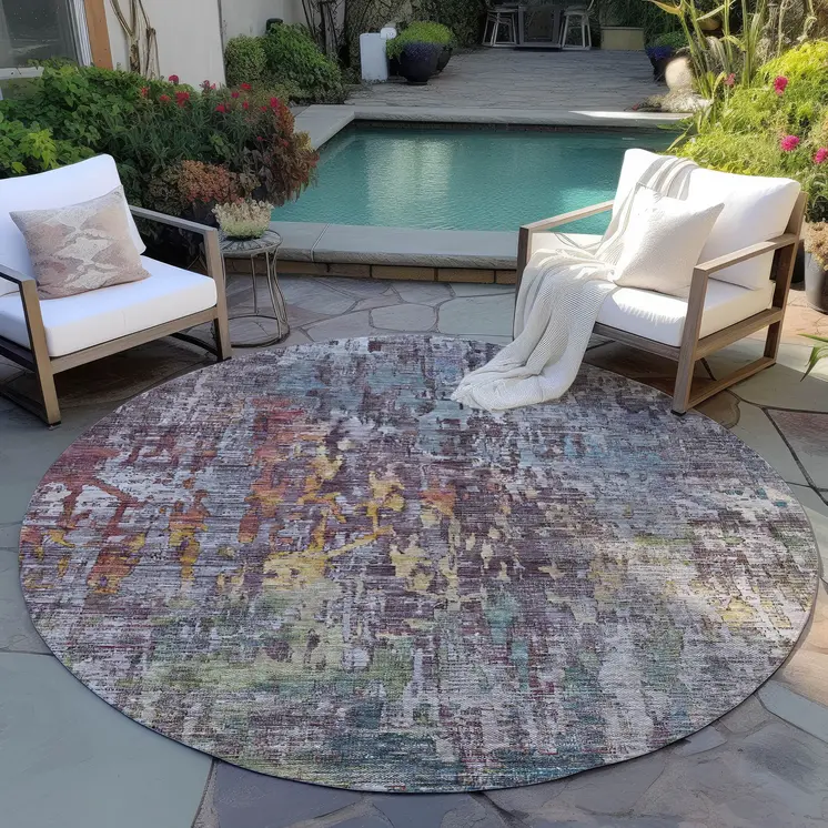 8' Pewter Round Abstract Washable Indoor Outdoor Area Rug