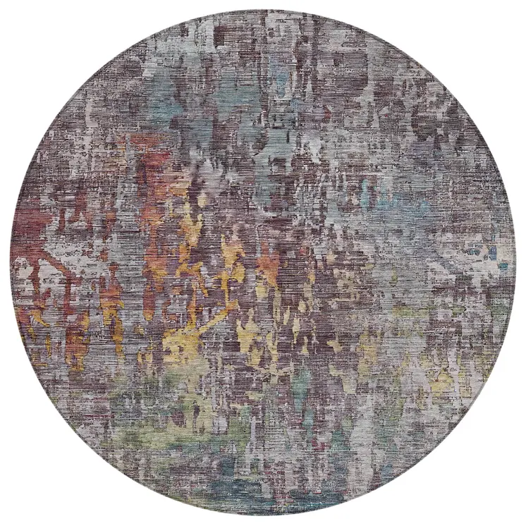 8' Pewter Round Abstract Washable Indoor Outdoor Area Rug