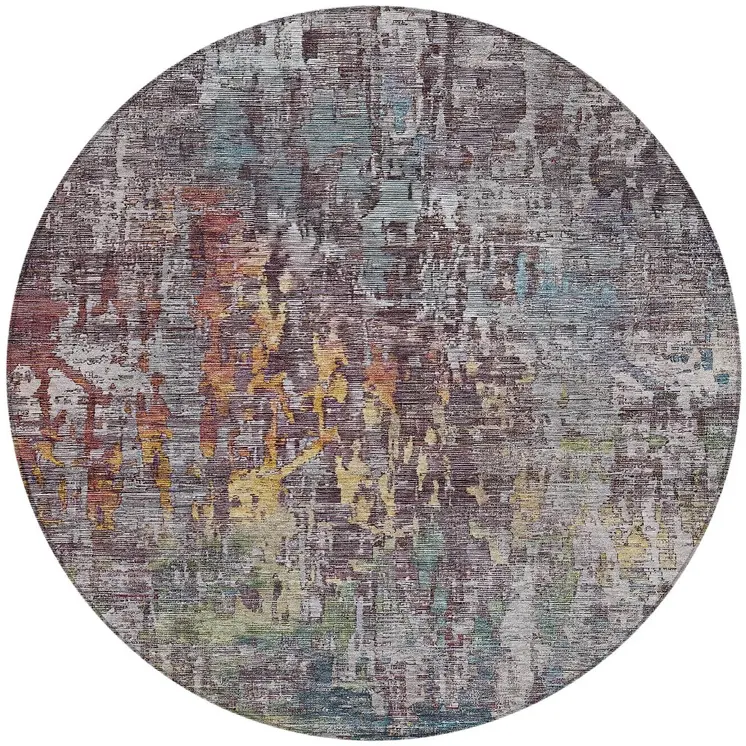 8' Pewter Round Abstract Washable Indoor Outdoor Area Rug