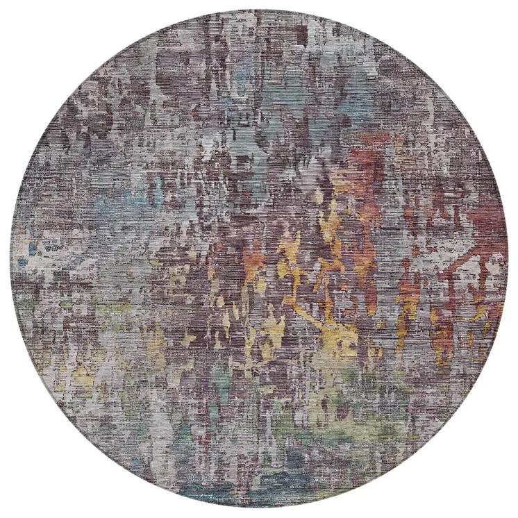 8' Pewter Round Abstract Washable Indoor Outdoor Area Rug