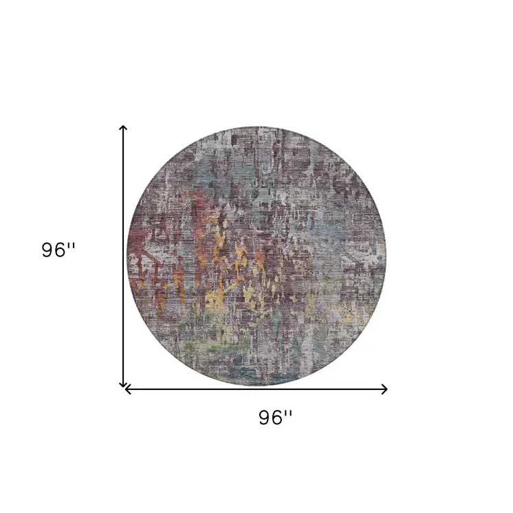 8' Pewter Round Abstract Washable Indoor Outdoor Area Rug