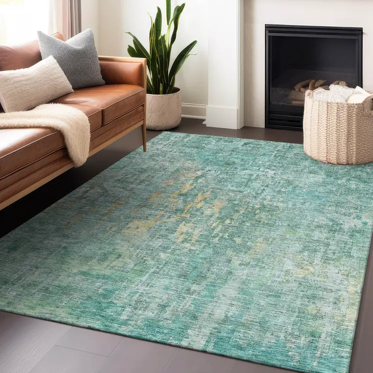 3' X 5' Teal Blue Abstract Washable Indoor Outdoor Area Rug