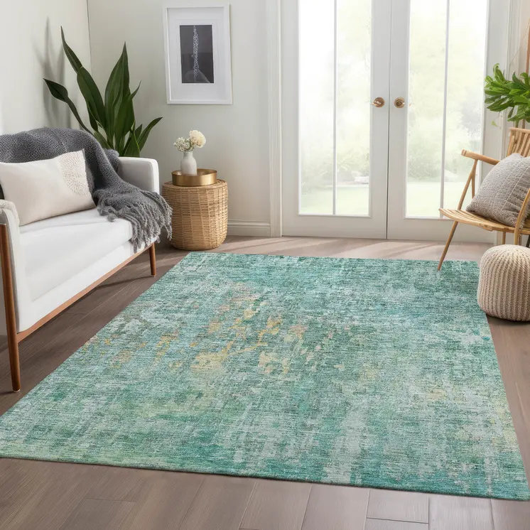 3' X 5' Teal Blue Abstract Washable Indoor Outdoor Area Rug