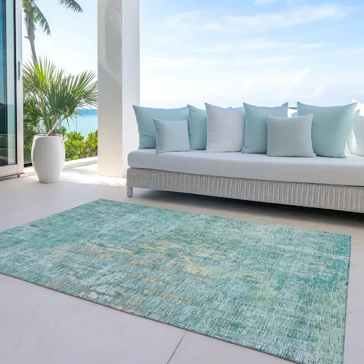 5' X 8' Teal Blue Abstract Washable Indoor Outdoor Area Rug