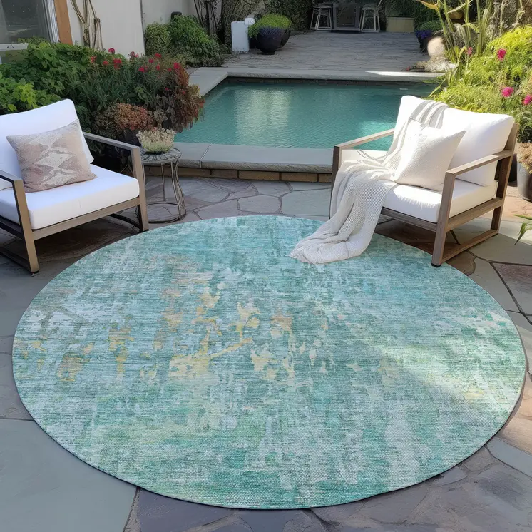 8' Teal Blue Round Abstract Washable Indoor Outdoor Area Rug
