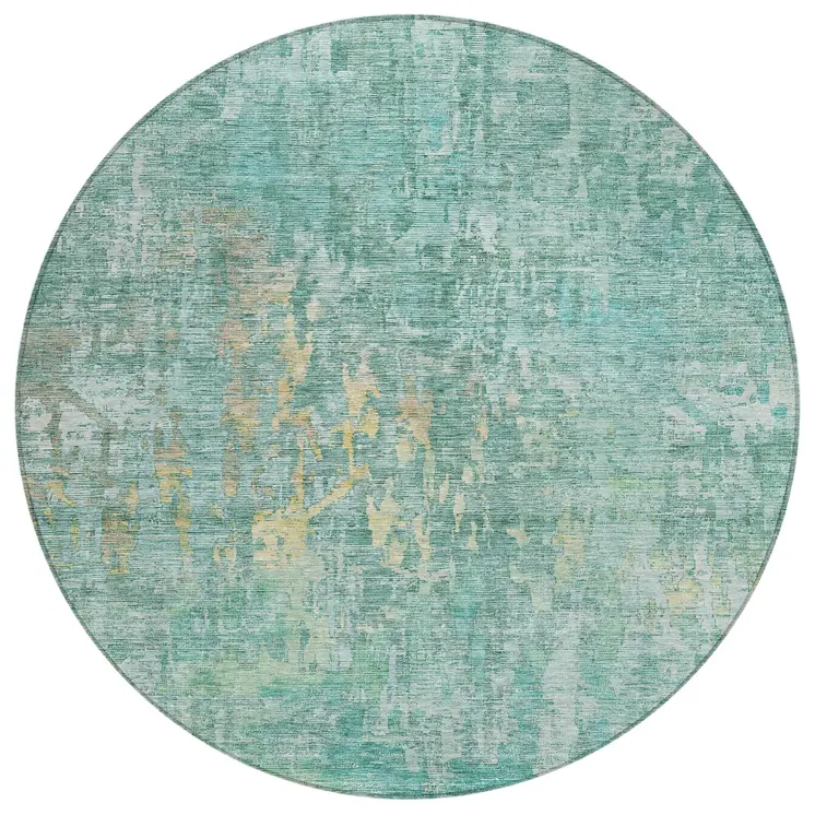 8' Teal Blue Round Abstract Washable Indoor Outdoor Area Rug