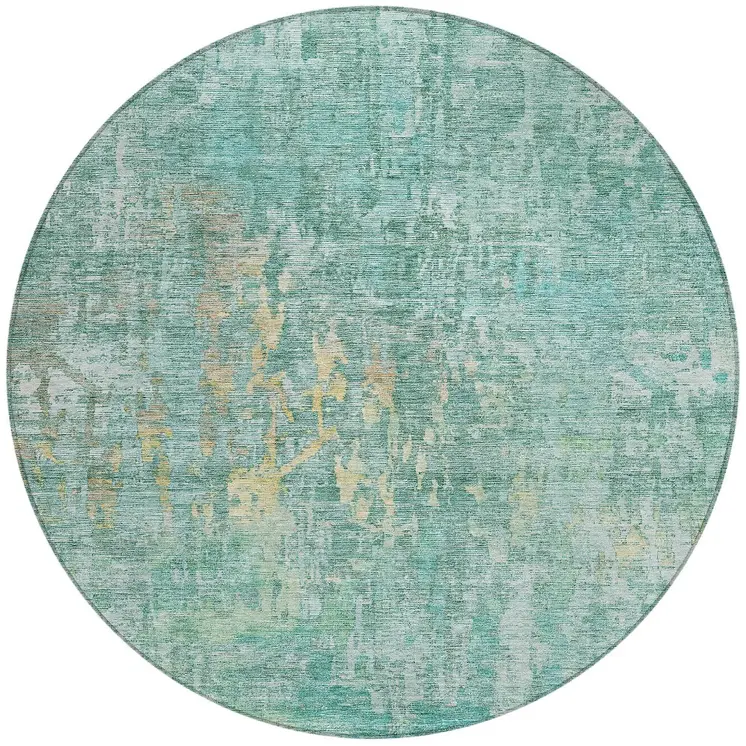 8' Teal Blue Round Abstract Washable Indoor Outdoor Area Rug