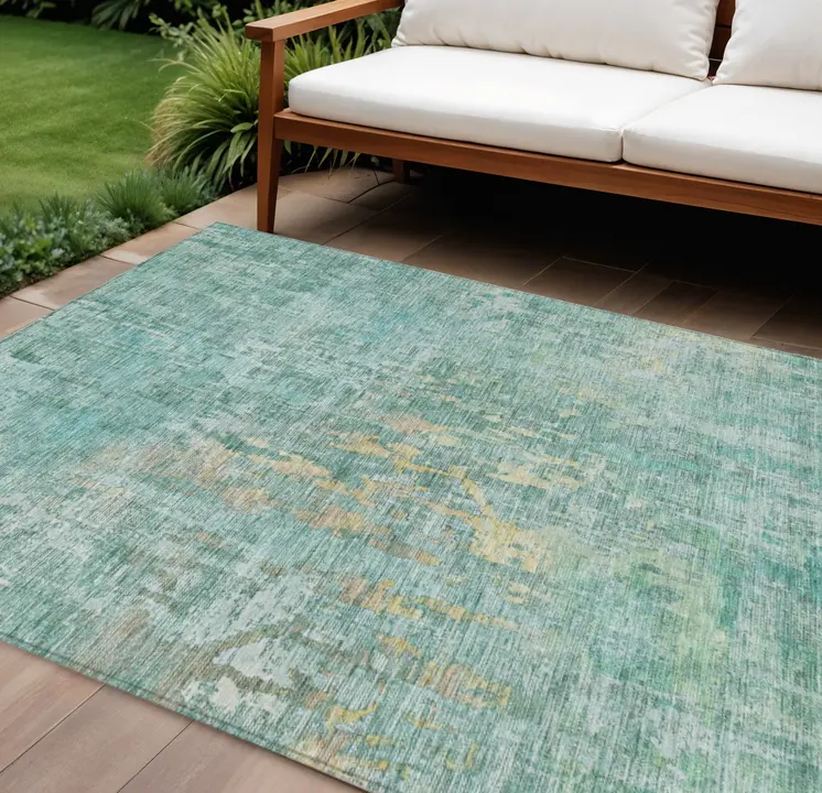 8' X 10' Teal Blue Abstract Washable Indoor Outdoor Area Rug