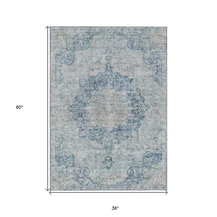 3' X 5' Blue Floral Medallion Washable Indoor Outdoor Area Rug