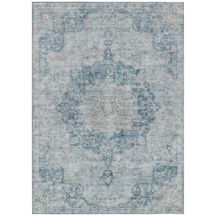 3' X 5' Blue Floral Medallion Washable Indoor Outdoor Area Rug