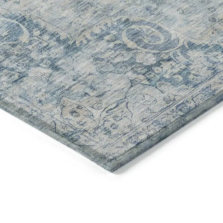 3' X 5' Blue Floral Medallion Washable Indoor Outdoor Area Rug