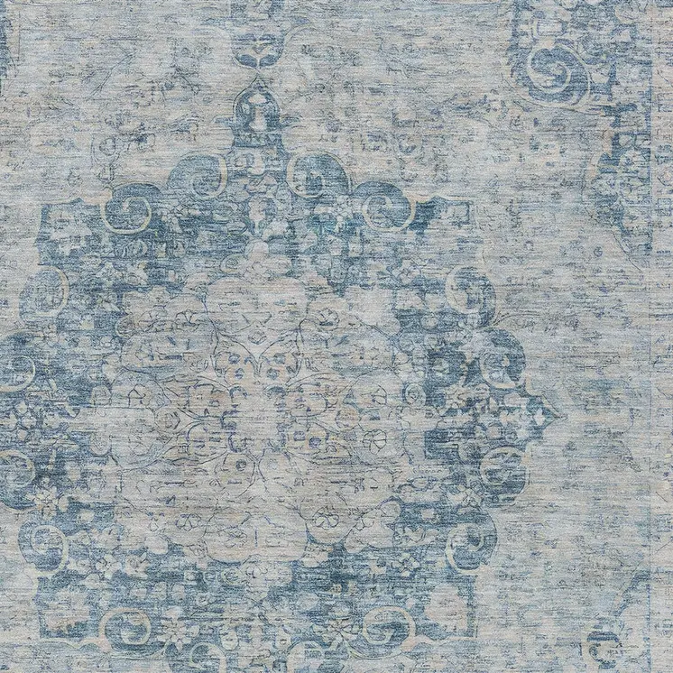 3' X 5' Blue Floral Medallion Washable Indoor Outdoor Area Rug