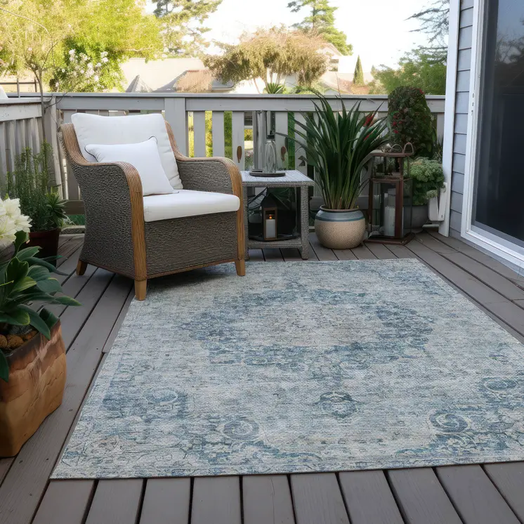 5' X 8' Blue Floral Medallion Washable Indoor Outdoor Area Rug