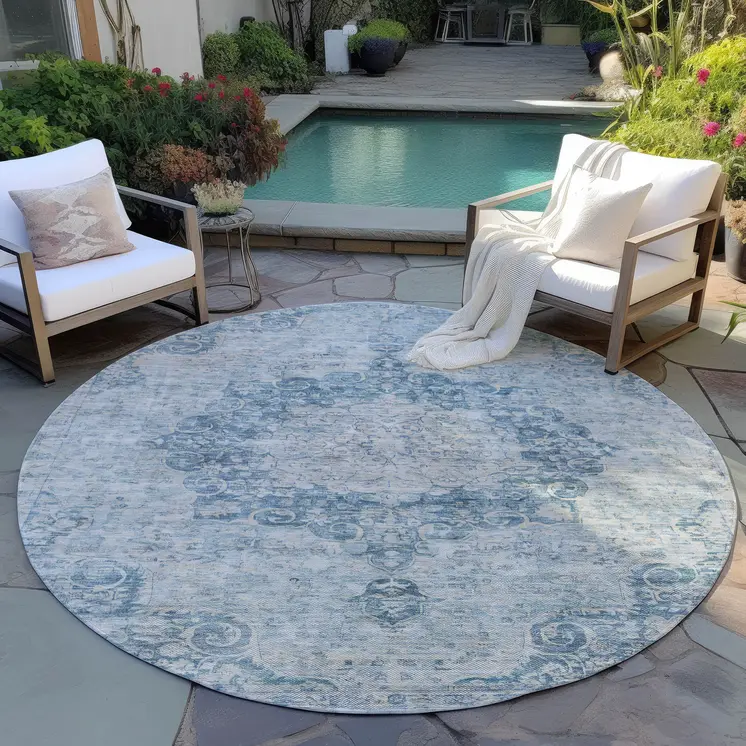 8' Blue Round Floral Medallion Washable Indoor Outdoor Area Rug