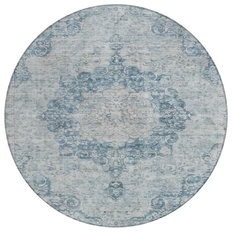 8' Blue Round Floral Medallion Washable Indoor Outdoor Area Rug