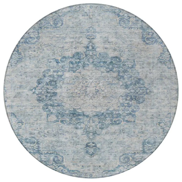 8' Blue Round Floral Medallion Washable Indoor Outdoor Area Rug