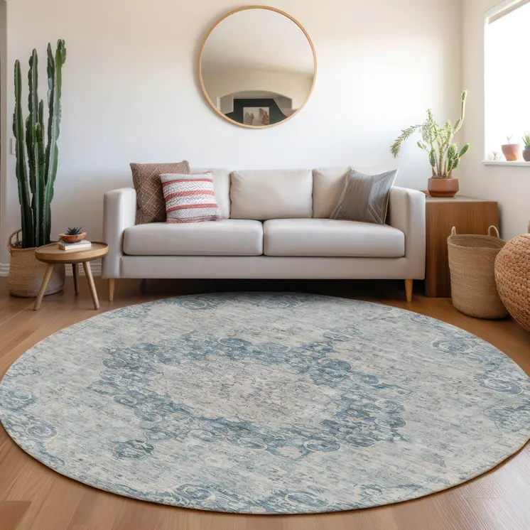 8' Blue Round Floral Medallion Washable Indoor Outdoor Area Rug