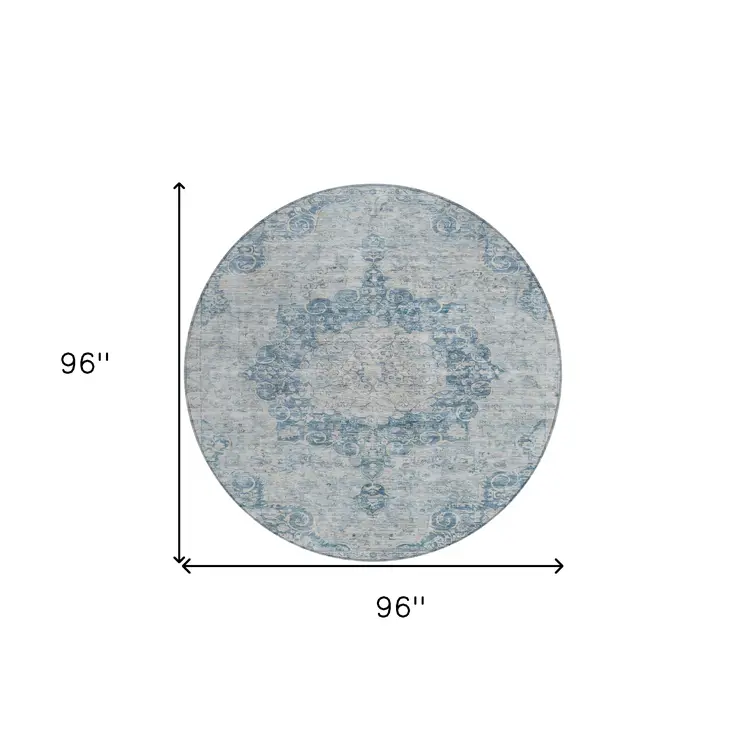 8' Blue Round Floral Medallion Washable Indoor Outdoor Area Rug