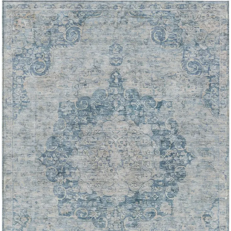 8' X 10' Blue Floral Medallion Washable Indoor Outdoor Area Rug