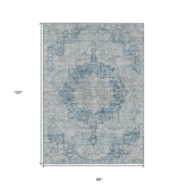 8' X 10' Blue Floral Medallion Washable Indoor Outdoor Area Rug