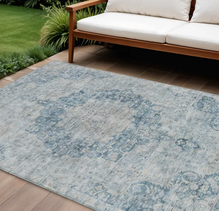 8' X 10' Blue Floral Medallion Washable Indoor Outdoor Area Rug