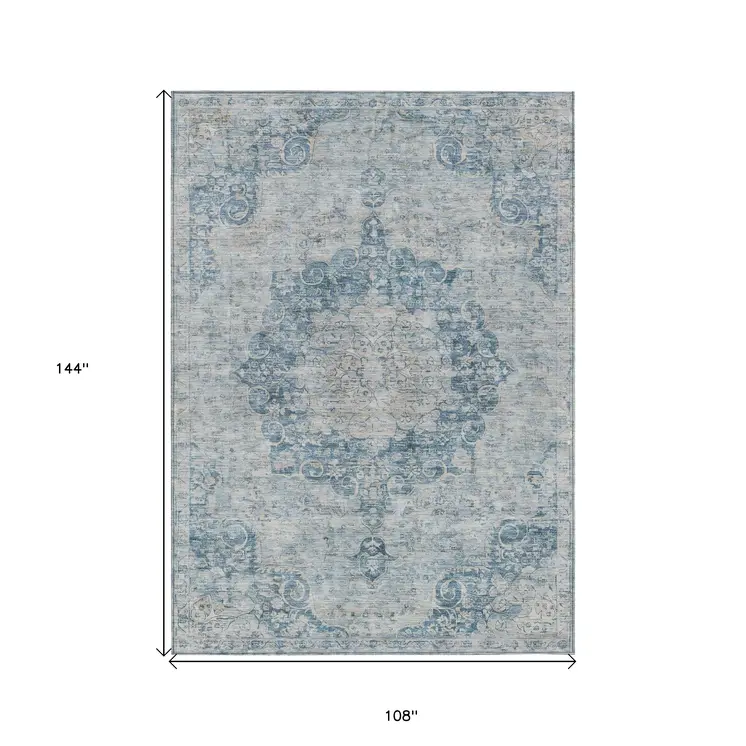 9' X 12' Blue Floral Medallion Washable Indoor Outdoor Area Rug