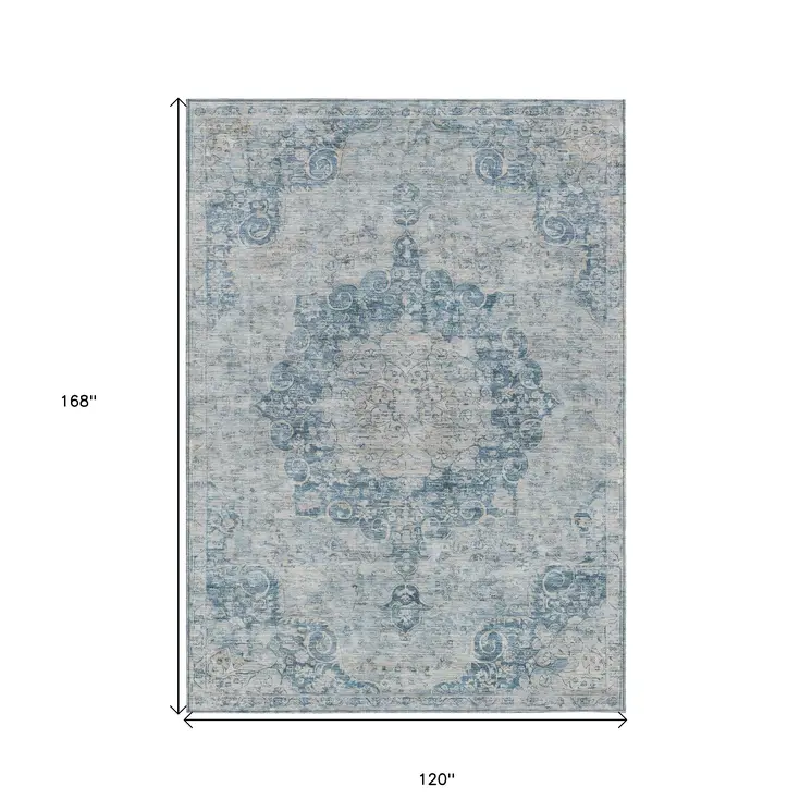 10' X 14' Blue Floral Medallion Washable Indoor Outdoor Area Rug